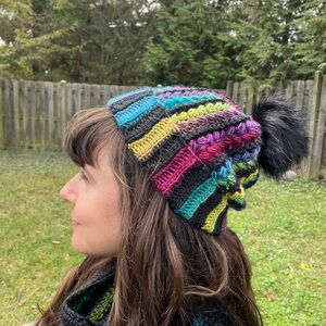 Black and rainbow crochet beanie